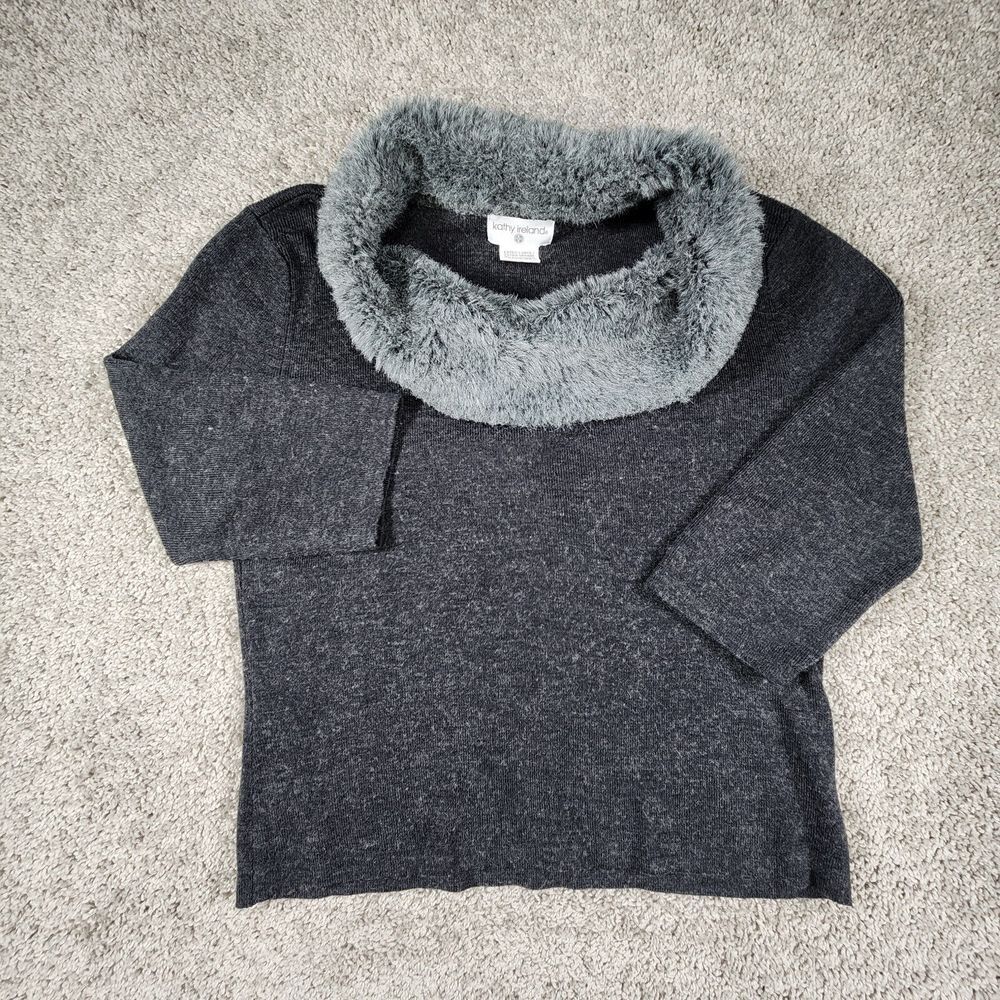 Kathy Ireland Sweater Womens XL Black‎ Faux Fur Collar Knit Wool Blend Mob Wife